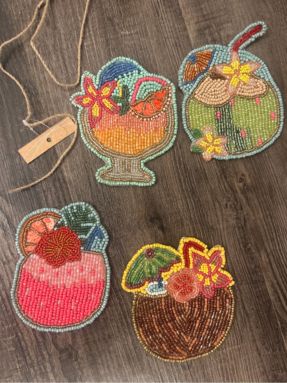 4 Beaded Tropical Cocktail Drink Coaster Set Yellow, Green, Pink, Blue NWT